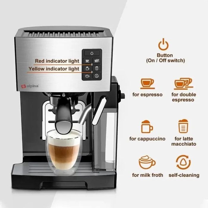 Alpina Coffee Espresso Machine, Silver/Black, SF-2812 - Image 6